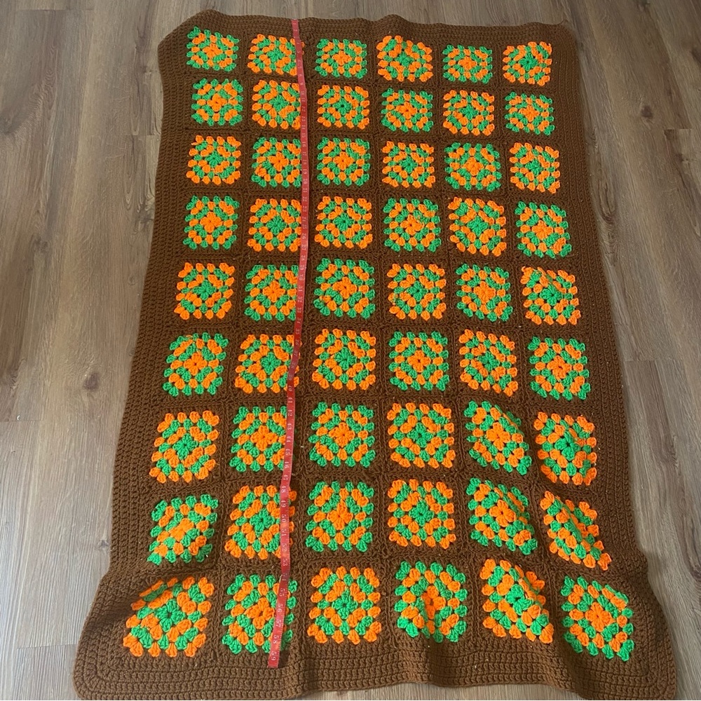Vintage Handmade Crochet Granny Square Afghan Blanket Throw Orange/Green Fall - Picture 4 of 7